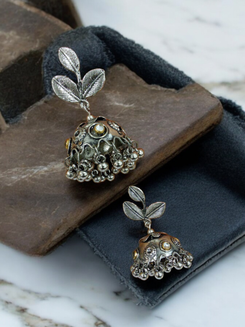 Oxidised Leaf Jhumka Earrings - Image 2
