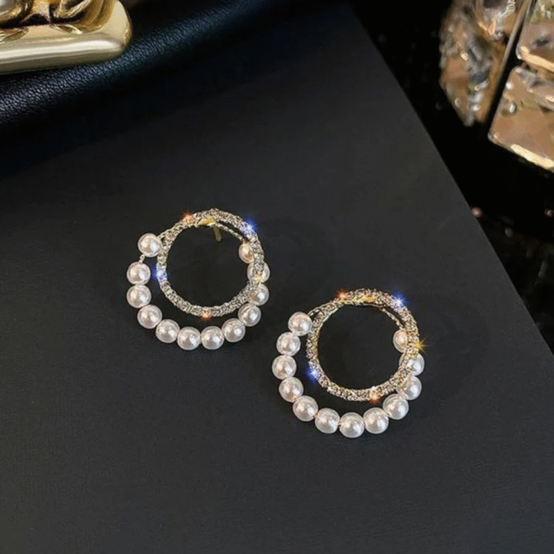 JJK 28 Double Circle Pearl and Rhinestone Earrings or Double Circle Diamond Rhinestone Pearl Earrings. - Image 3