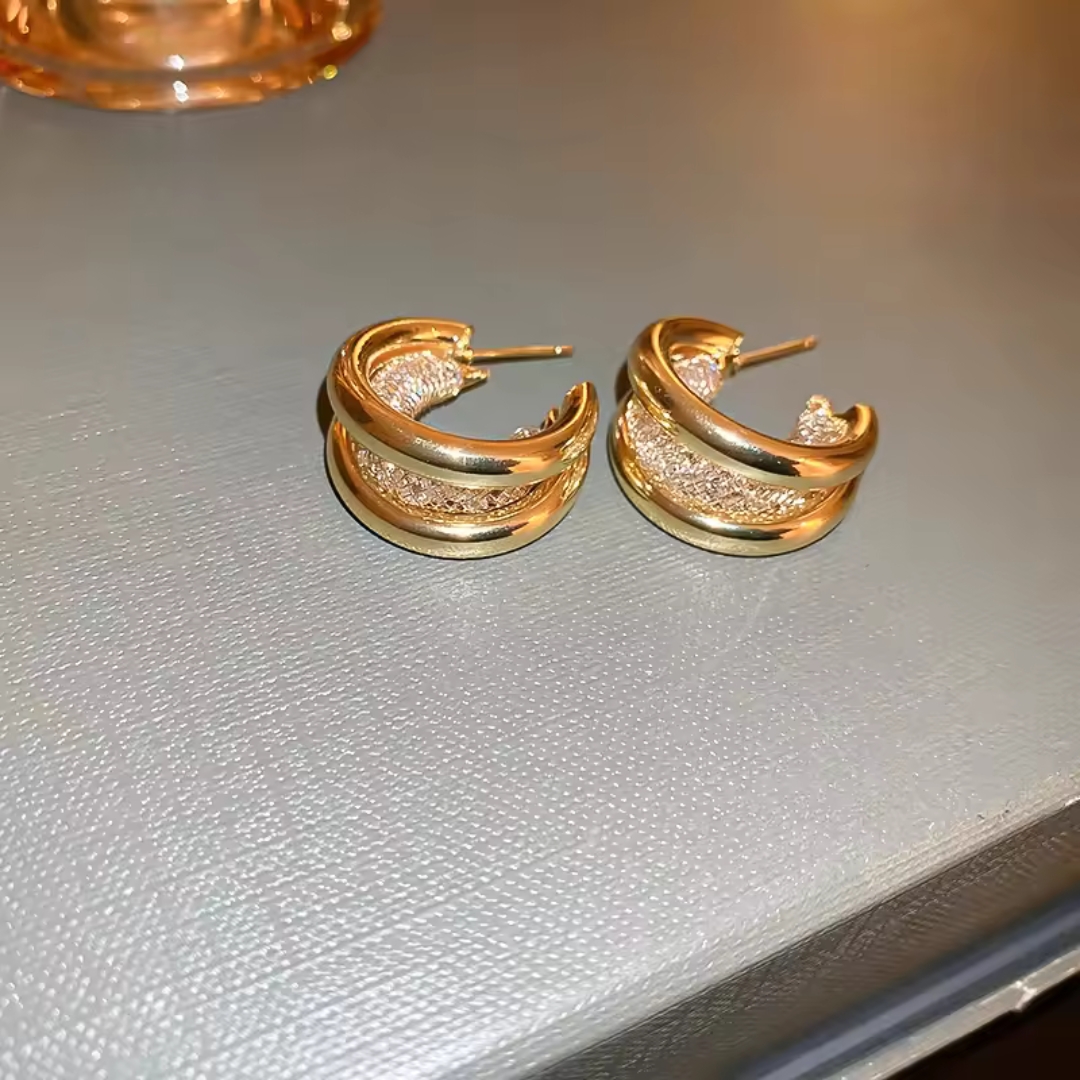 Vassaley Korean Gold Plated Shiny Triple Hoop Earrings