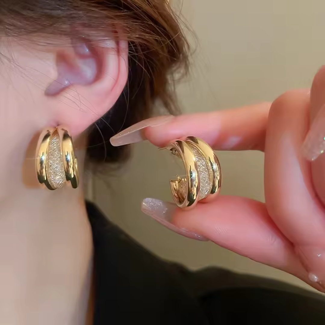 Vassaley Korean Gold Plated Shiny Triple Hoop Earrings - Image 2