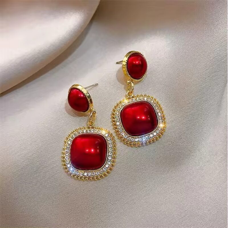 JJK58 Red Crystal Square Drop Earrings with Rhinestones - Image 4