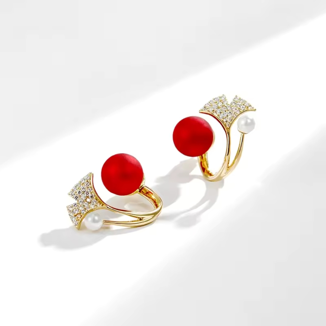 Red Ball and Ginkgo Leaf Ear Jacket Earrings or Korean-style Ginkgo Leaf and Red Ball Stud Earrings. - Image 2