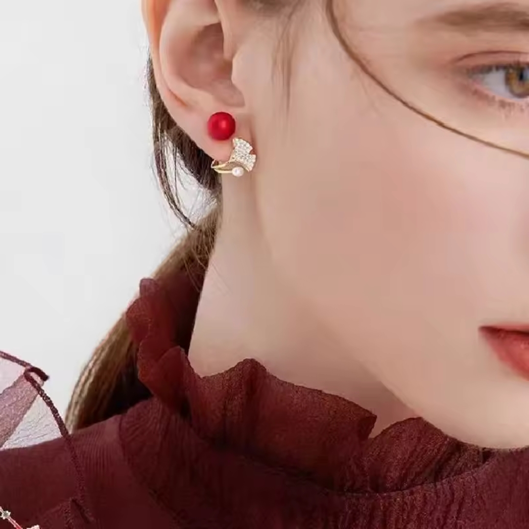 Red Ball and Ginkgo Leaf Ear Jacket Earrings or Korean-style Ginkgo Leaf and Red Ball Stud Earrings. - Image 3