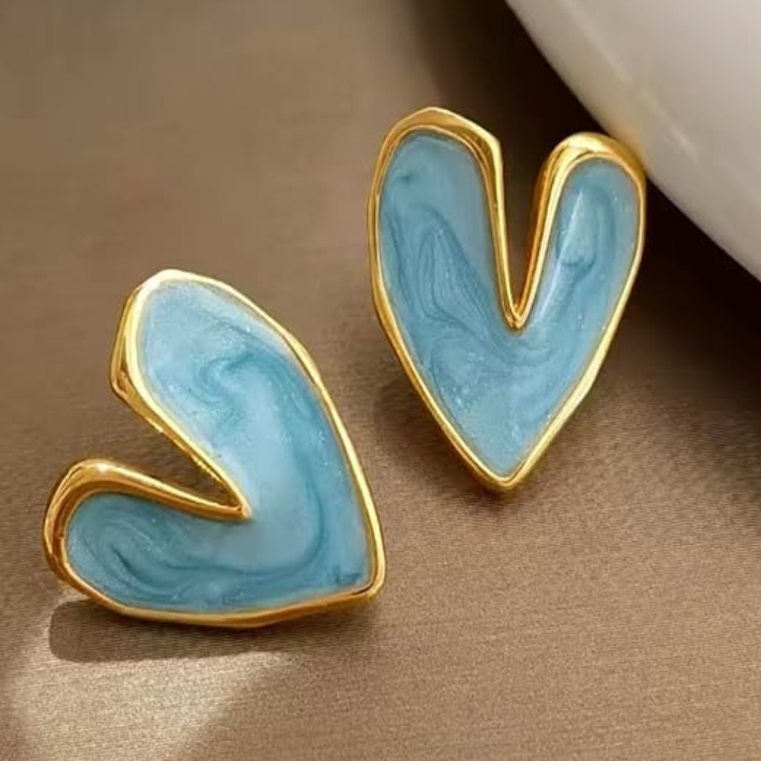 Blue Enamel Heart Shaped Stud Earrings with Gold Plating - Image 2