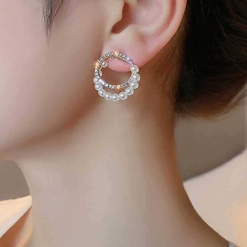 JJK 28 Double Circle Pearl and Rhinestone Earrings or Double Circle Diamond Rhinestone Pearl Earrings.