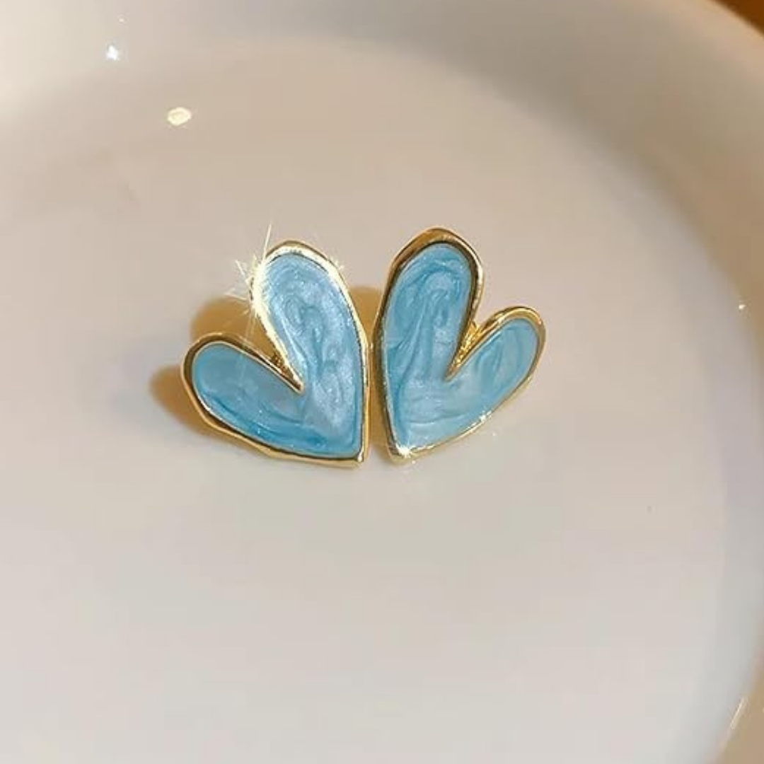 Blue Enamel Heart Shaped Stud Earrings with Gold Plating