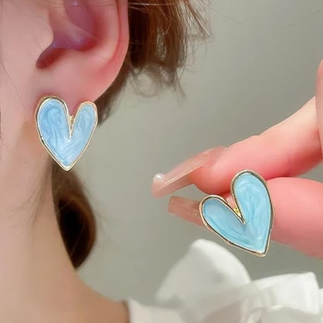 Blue Enamel Heart Shaped Stud Earrings with Gold Plating - Image 3