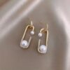 Pearl Safety Pin Dangle Earrings or Gold Toned Pin Shaped Pearl Drop Earrings.