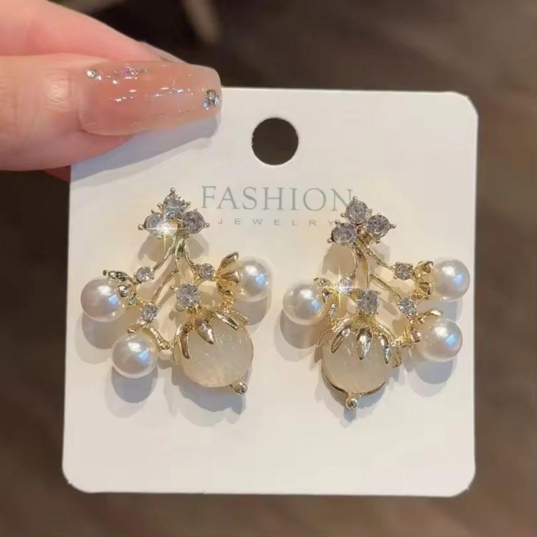 Fashion Gold-Plated Pearl and Crystal Cluster Earrings or Elegant Pearl and Crystal Branch Dangle Earrings.