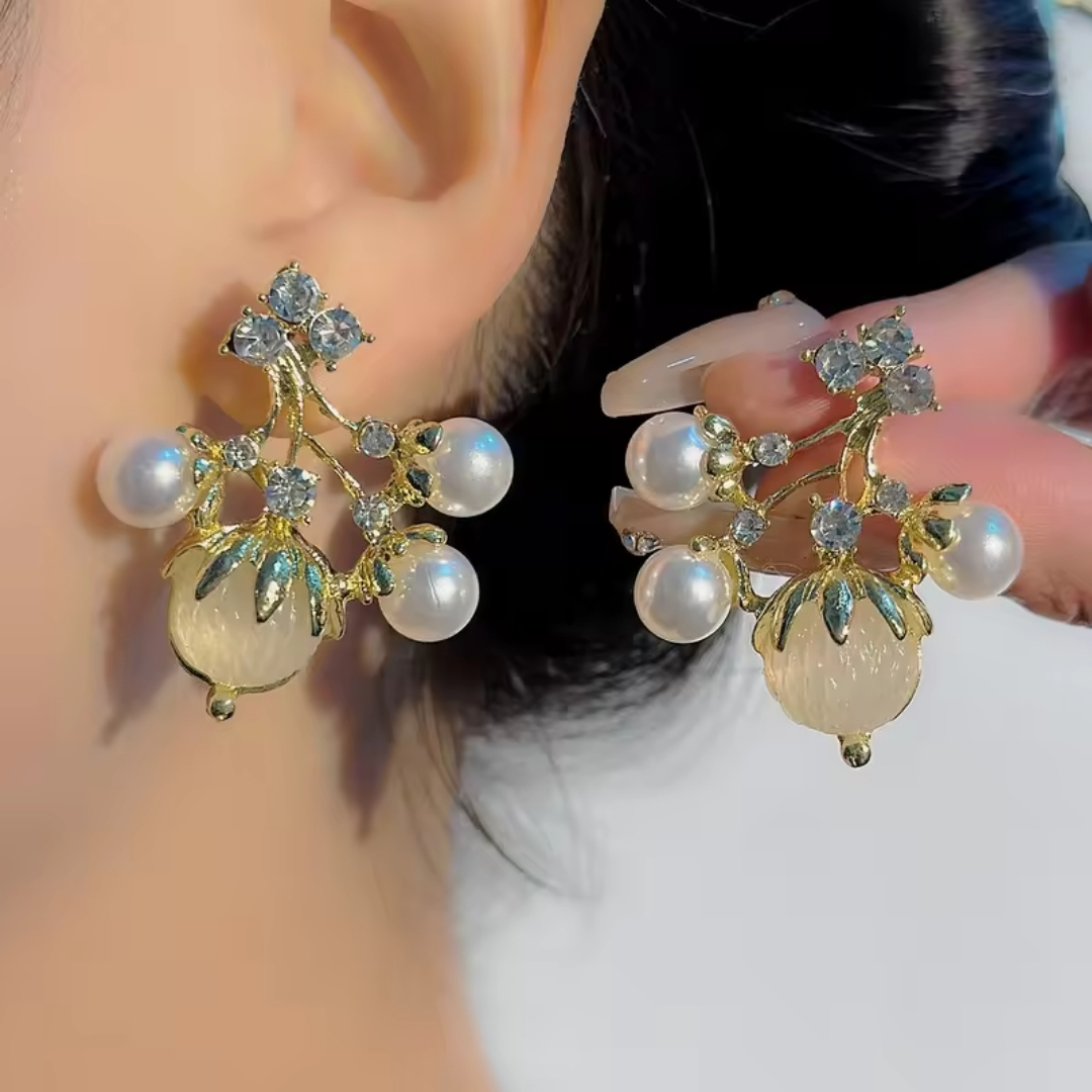 Fashion Gold-Plated Pearl and Crystal Cluster Earrings or Elegant Pearl and Crystal Branch Dangle Earrings. - Image 2