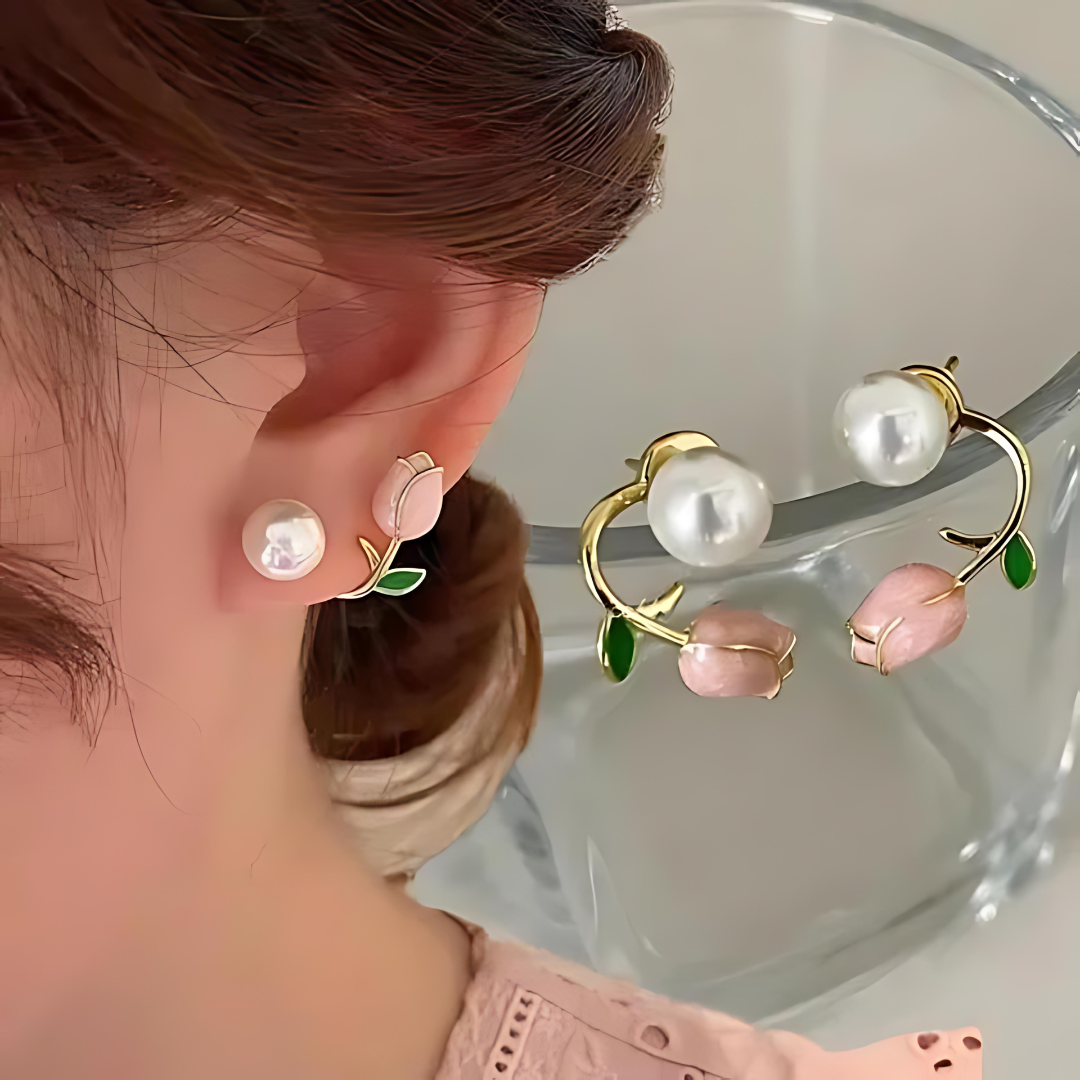 JJK 55 Pink Tulip Flower Pearl Earrings - Image 3