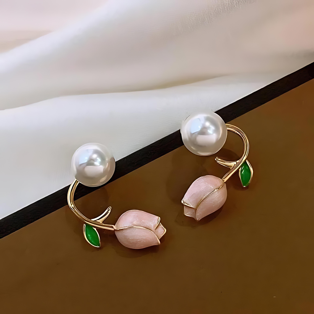 JJK 55 Pink Tulip Flower Pearl Earrings