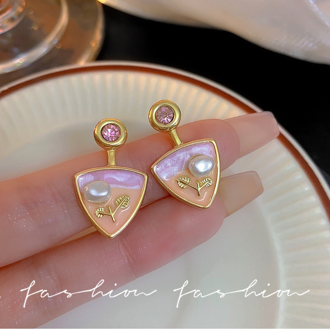 Gold-Plated Enamel Art Triangular Drop Earrings with Pearls and Pink Stones (Korean Style)