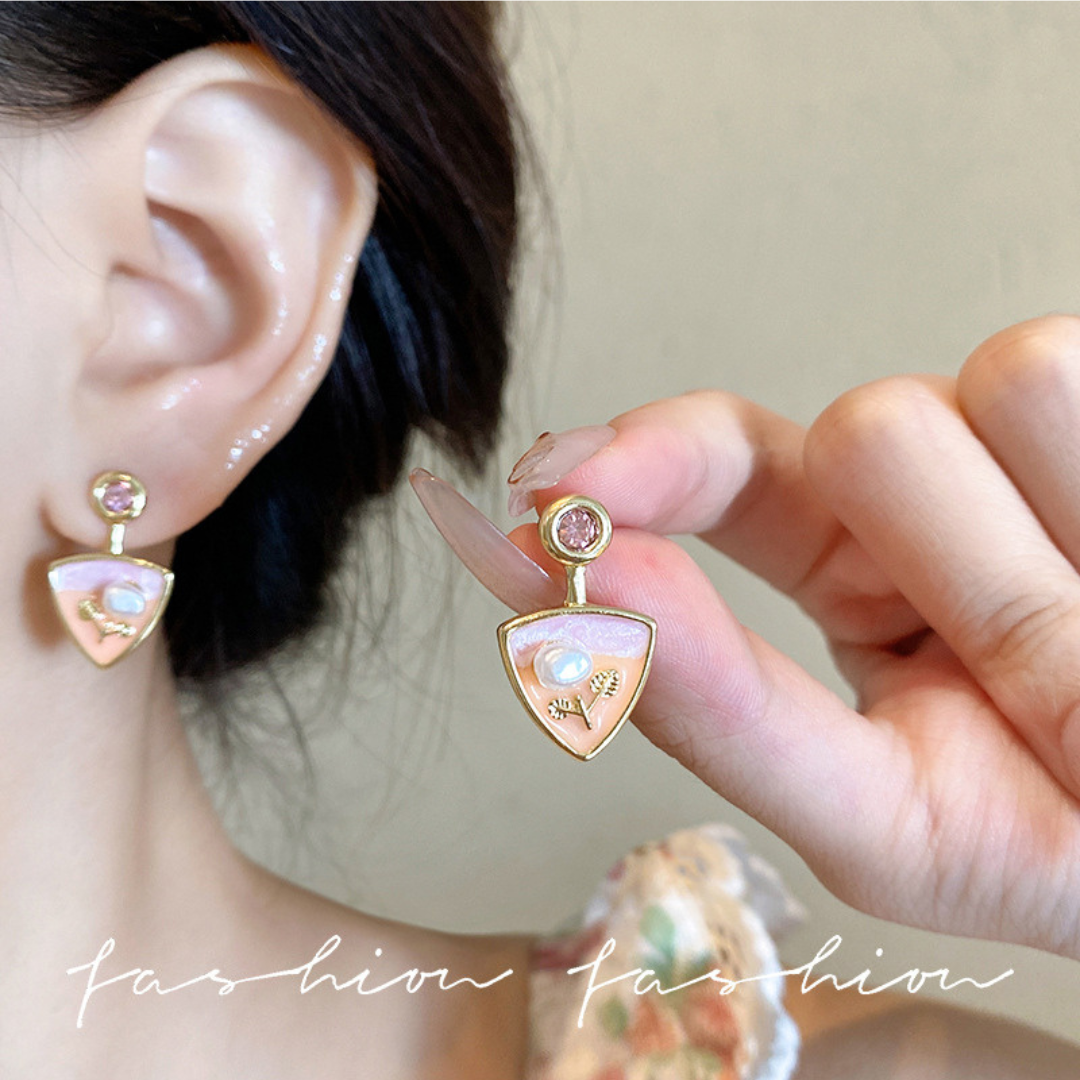 Gold-Plated Enamel Art Triangular Drop Earrings with Pearls and Pink Stones (Korean Style) - Image 2