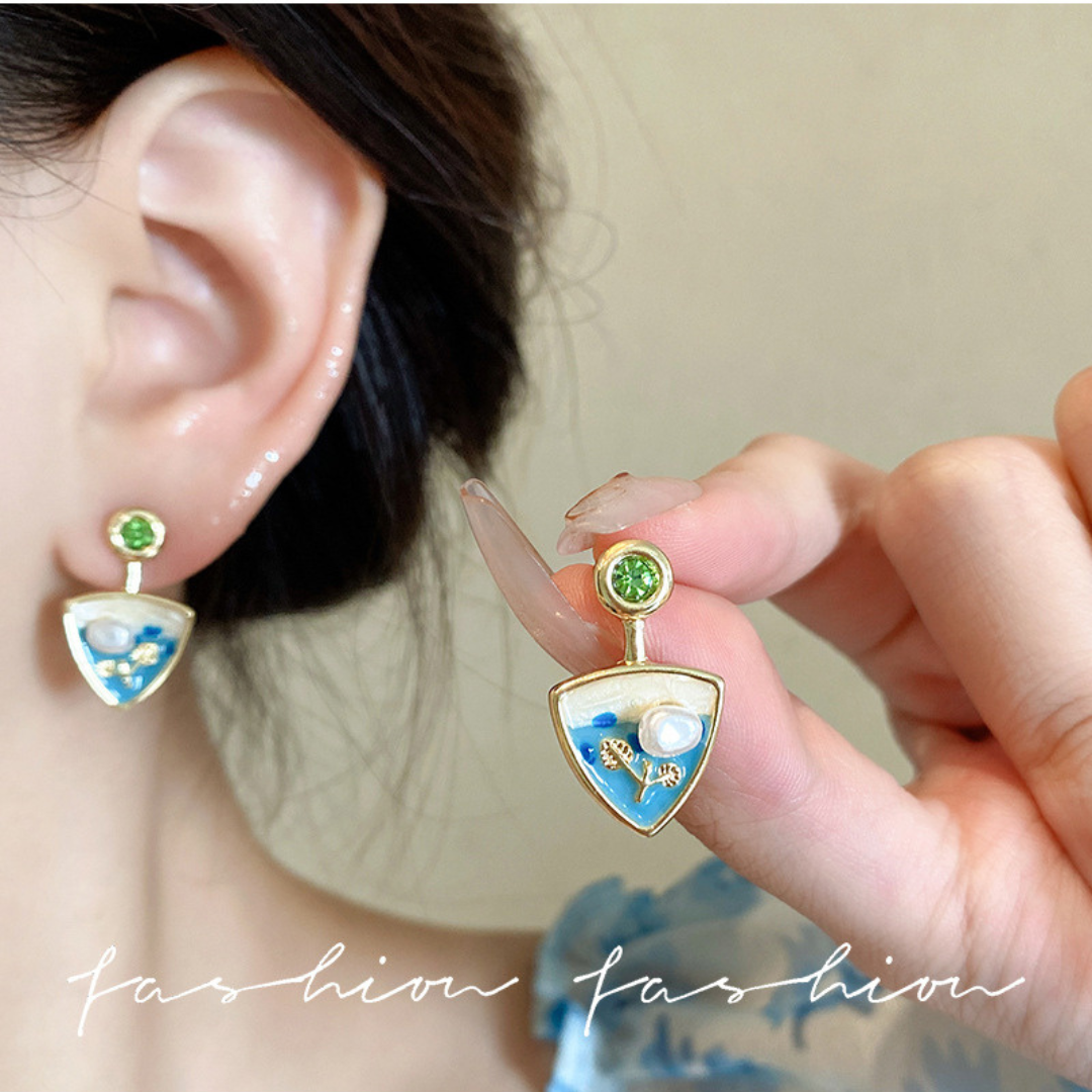 Gold-Plated Enamel Art Triangular Drop Earrings with Pearls and Pink Stones (Korean Style) - Image 3