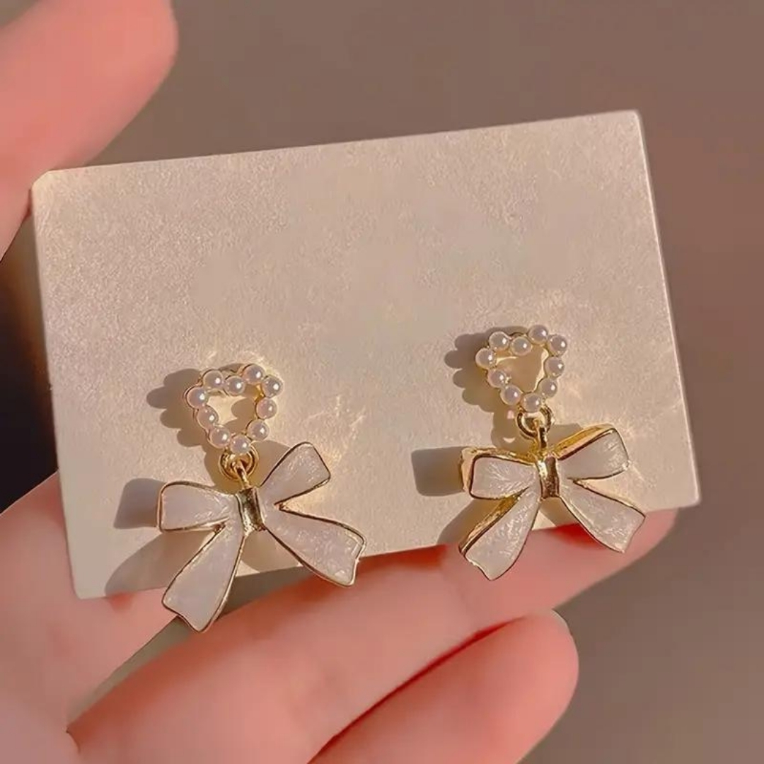 Pearl Heart and Bow Drop Earrings