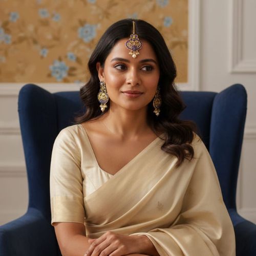 231Indian Maang Tikka and Earrings featuring blue Kundan stones and pearls.