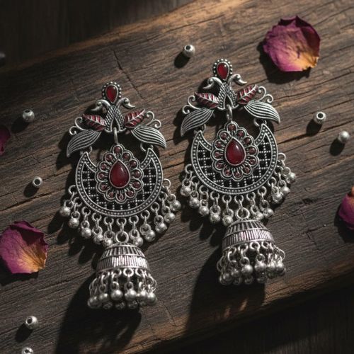 375 Oxidised silver peacock jhumka - Image 2