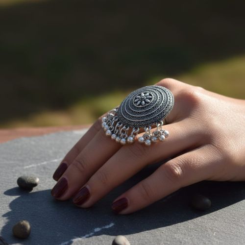 387 oxidized silver ghungharu ring,