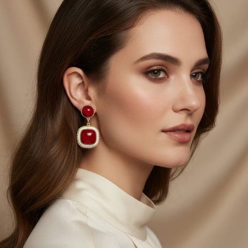 JJK58 Red Crystal Square Drop Earrings with Rhinestones