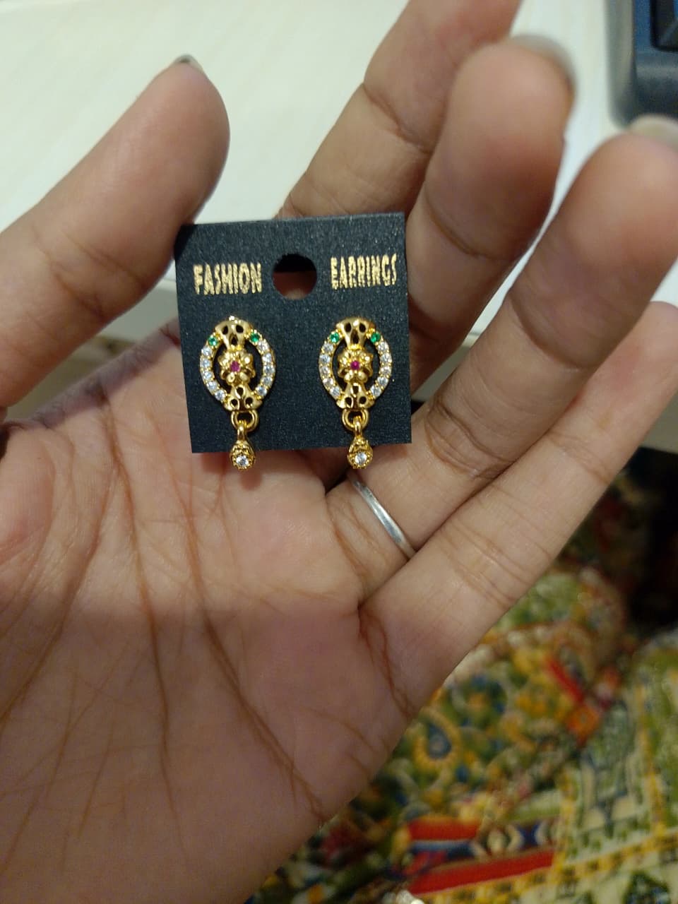 gold-plated stud earrings with a dangling drop, adorned with cubic zirconia (AD stones). - Image 2