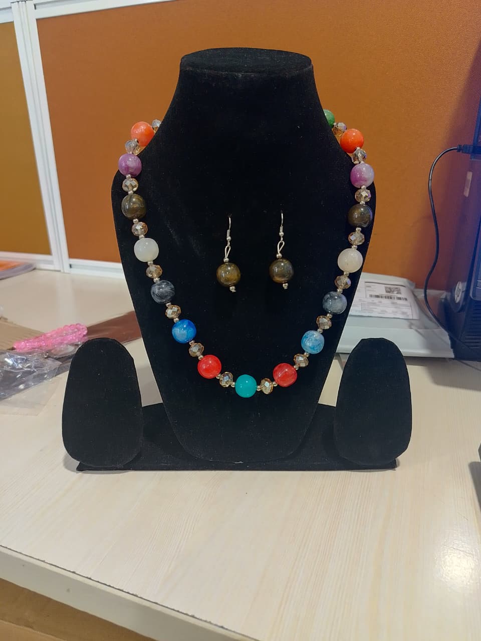 colorful beaded necklace and matching earrings set - Image 2