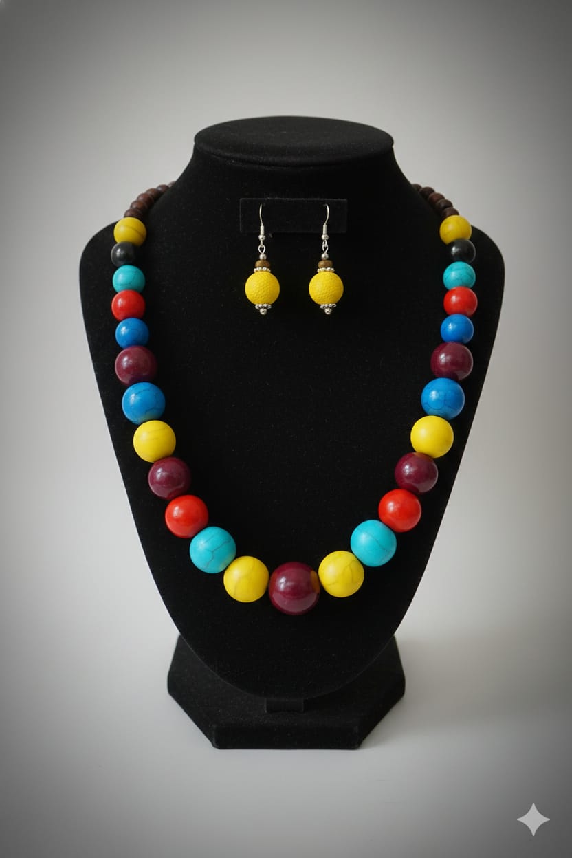 colorful bead necklace and matching dangle earrings,