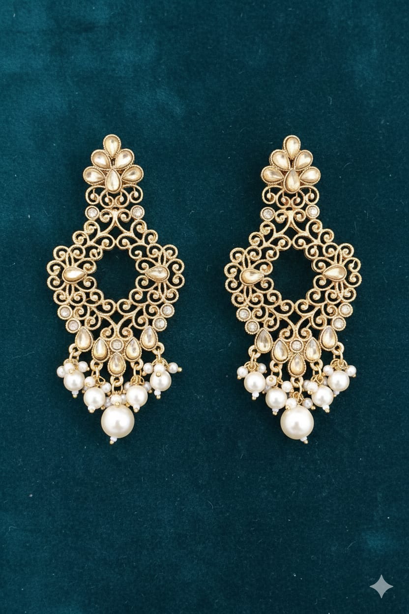 Kundan earrings with a matte gold finish and pearl accents,