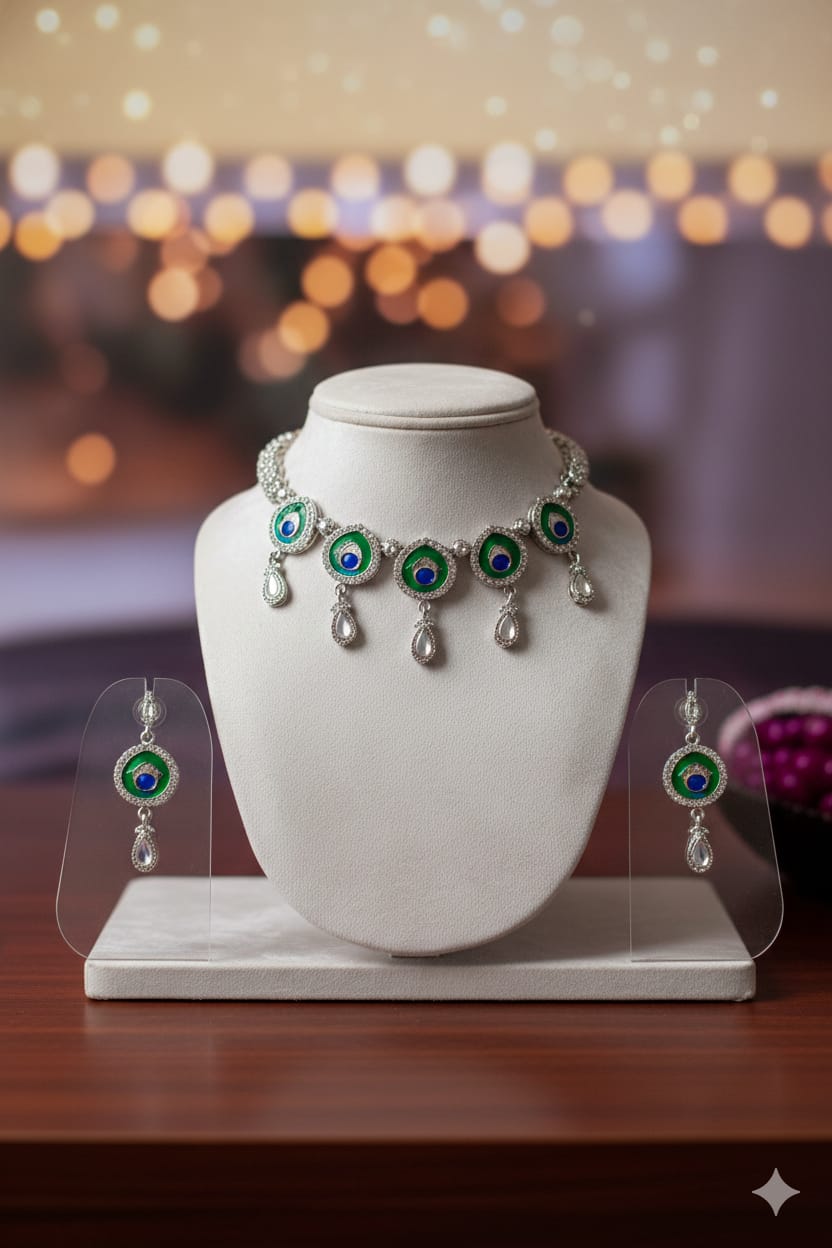 Oxidised Silver Peacock Feather Choker Necklace and Earrings Set.