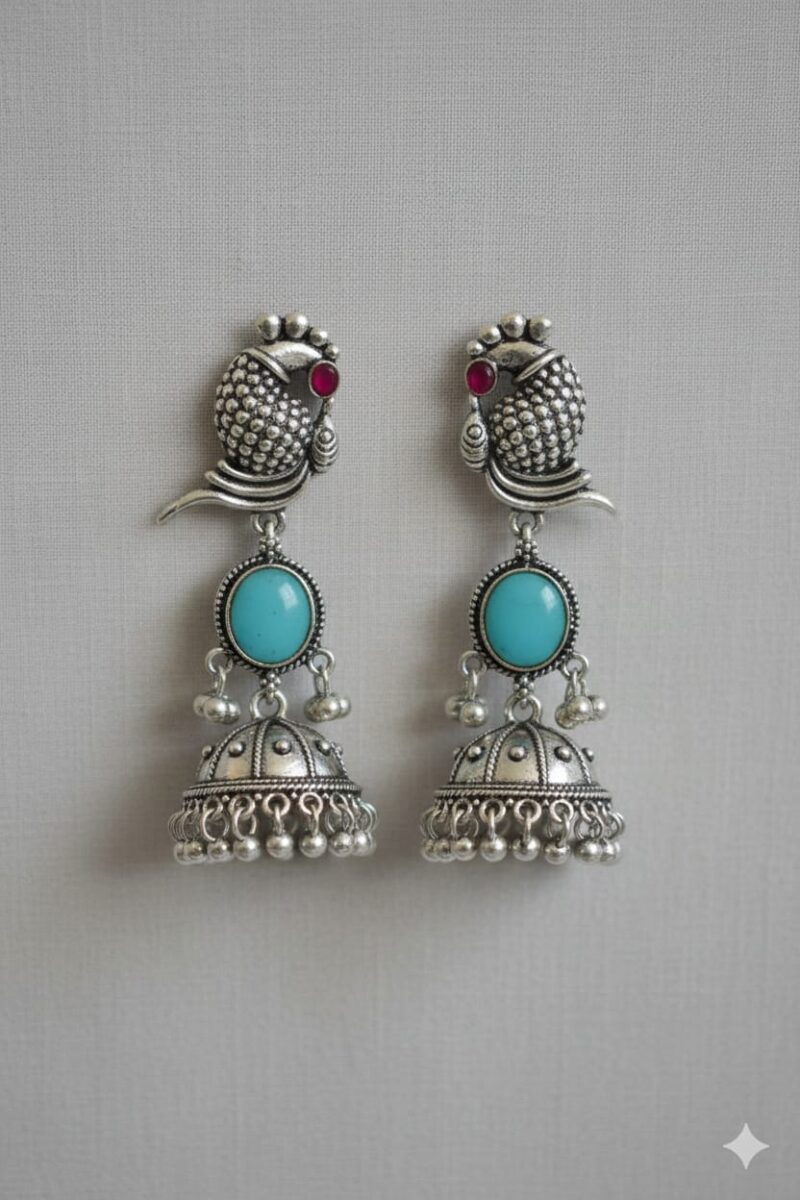 395c oxidized silver peacock jhumka earrings with turquoise stones and white pearl embellishments. - Image 3