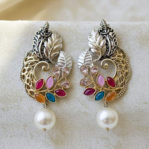 O1 Dual Peacock Designer Jadau Kundan Earrings with Pearls - Image 3