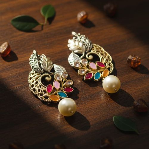 O1 Dual Peacock Designer Jadau Kundan Earrings with Pearls - Image 2