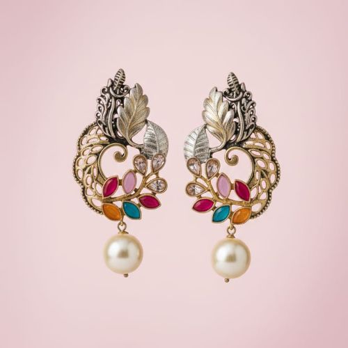 O1 Dual Peacock Designer Jadau Kundan Earrings with Pearls - Image 4