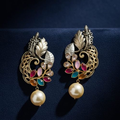 O1 Dual Peacock Designer Jadau Kundan Earrings with Pearls