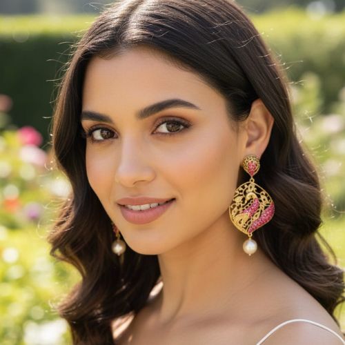 359 The earrings are gold-plated, meenakari earrings featuring a peacock design with kundan stones and a pearl drop.