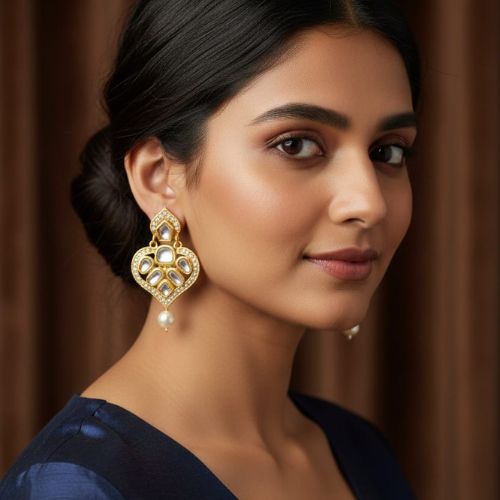 460 The earrings shown in the image are a style of traditional Indian jewelry known as Kundan or Polki earrings, often featuring a design with a pearl drop