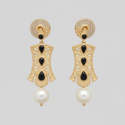 This is a pair of traditional Indian earrings with a gold-toned finish, black stones, and a pearl drop.