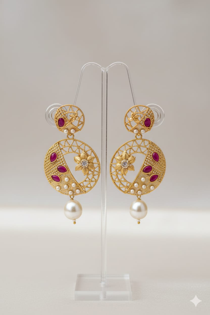 Chandbali, Jhumka, or Kundan earrings.
