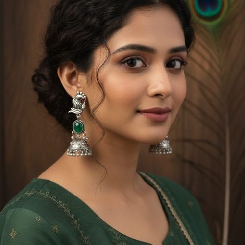 395a oxidized silver peacock jhumka earrings with turquoise stones and white pearl embellishments.