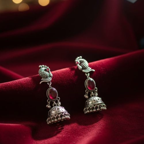 395b oxidized silver peacock jhumka earrings with turquoise stones and white pearl embellishments. - Image 3