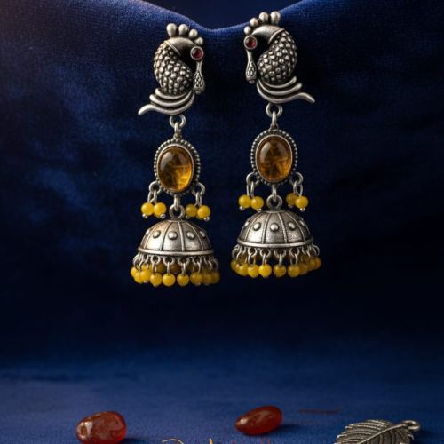 395e oxidized silver peacock jhumka earrings with turquoise stones and white pearl embellishments. - Image 2