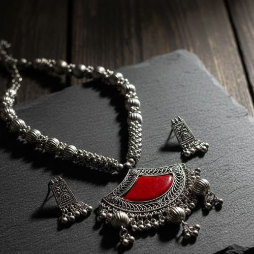 538 oxidised plated necklace set with a red stone accent. - Image 4