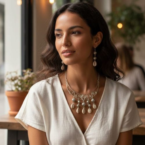 540 silver-toned metal bib necklace and earring set