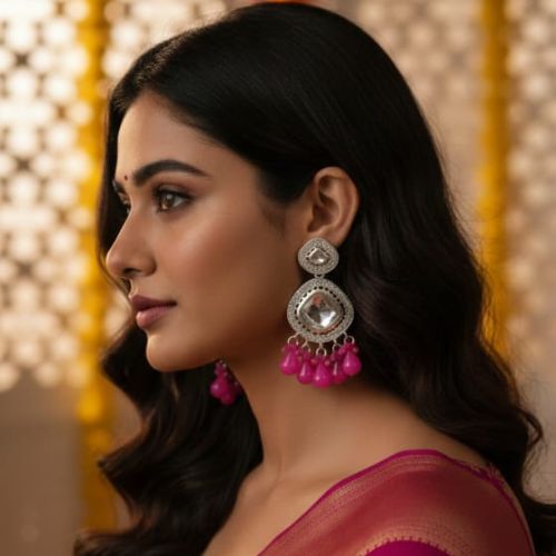 556 kundan-style drop earrings with bright pink bead or crystal dangles. .