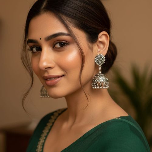 585 traditional oxidized silver-plated jhumka earrings