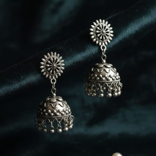 585 traditional oxidized silver-plated jhumka earrings - Image 4