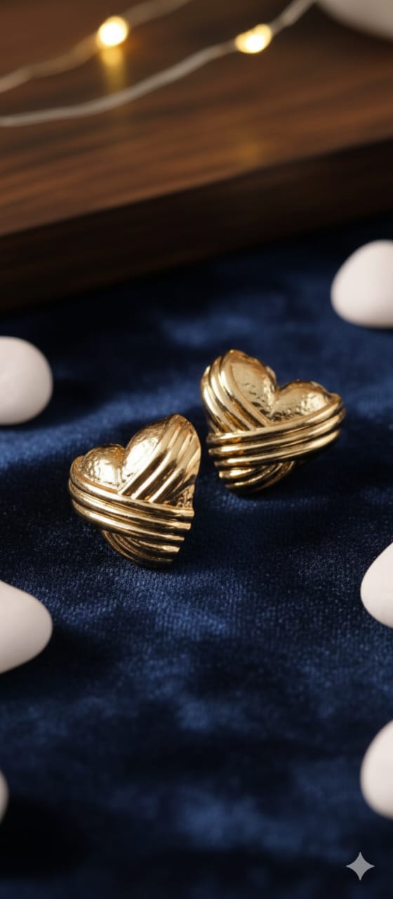 N13 golden ribbed heart stud earrings - Image 4
