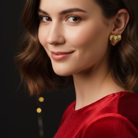 N13 golden ribbed heart stud earrings